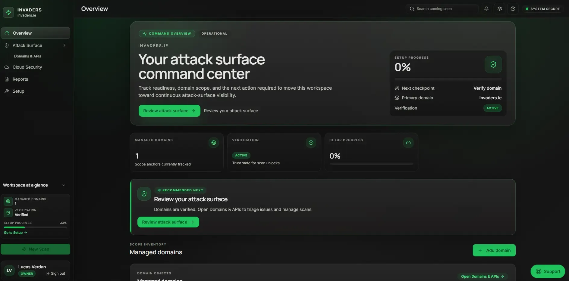 Invaders attack surface platform overview dashboard
